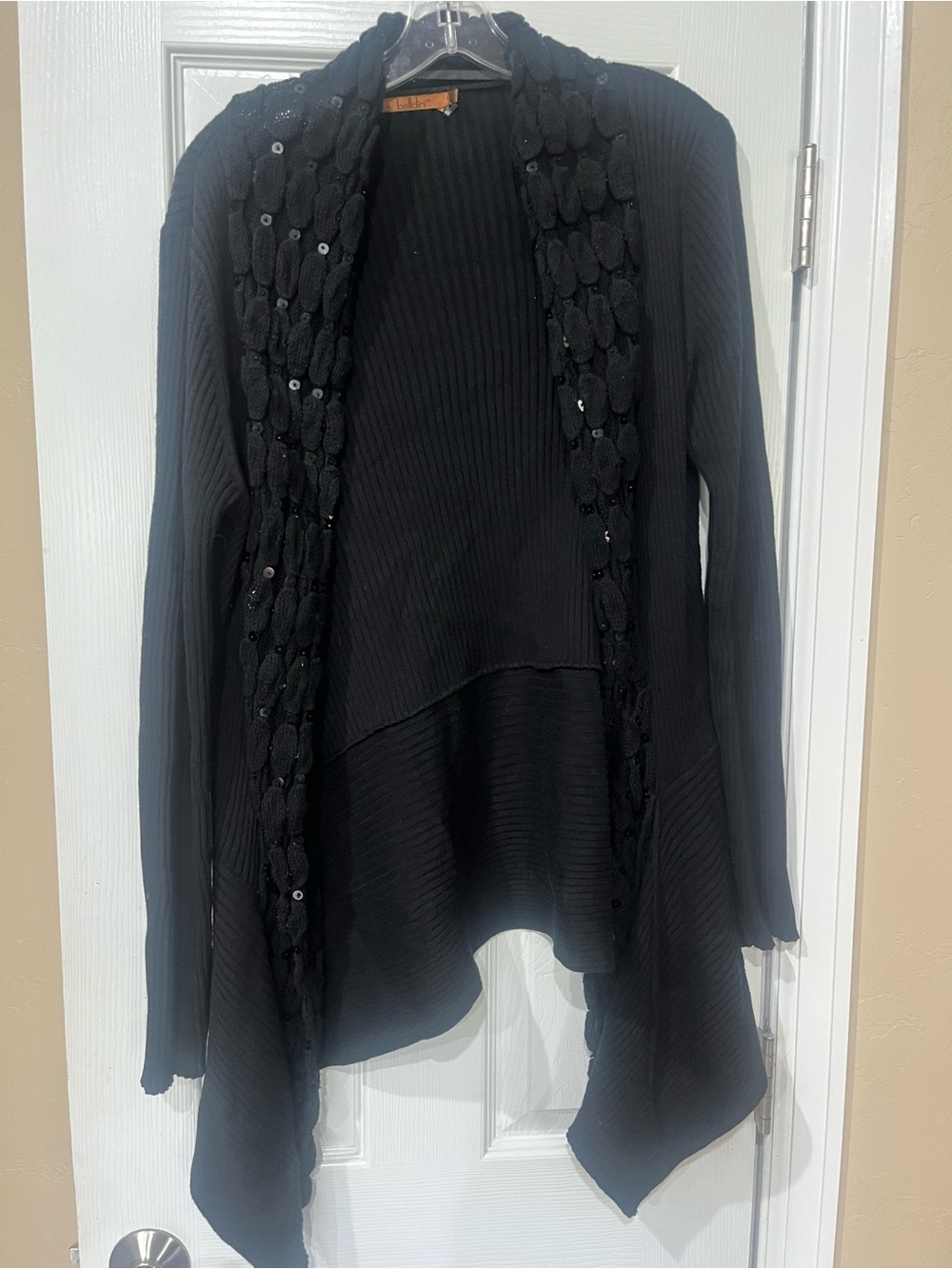 Belldini Black Open-Front Sequin-Trim Cardigan